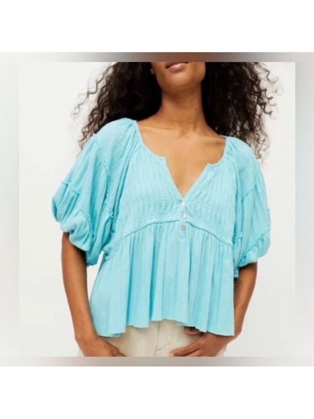 Urban Outfitters UO Blaire Balloon Sleeves Ribbed Knit Crop Top Blouse SP Peplum